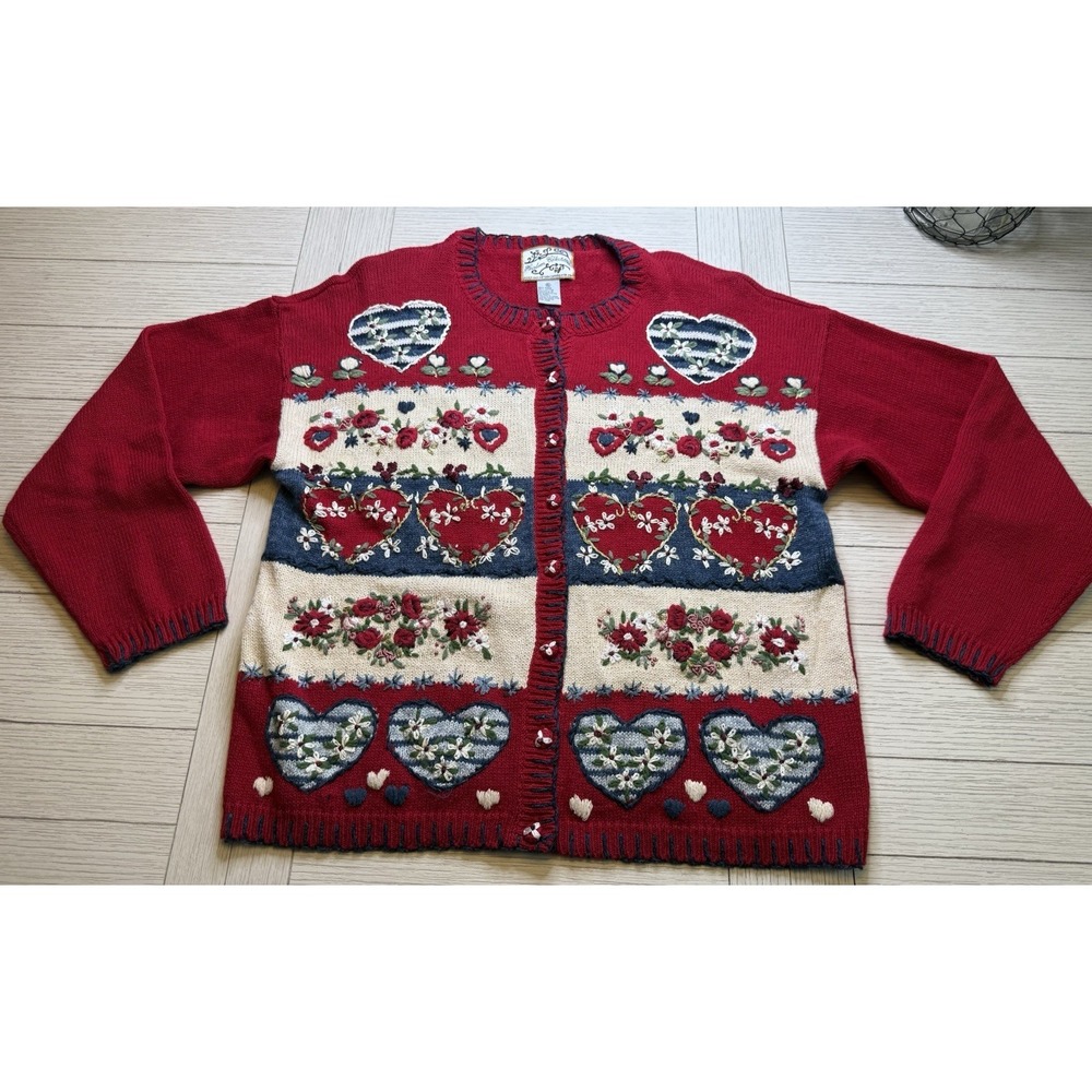 VTG Y2K Heirloom Collectibles Cardigan Heart Flower Embroidered Sweater Sz XL‎